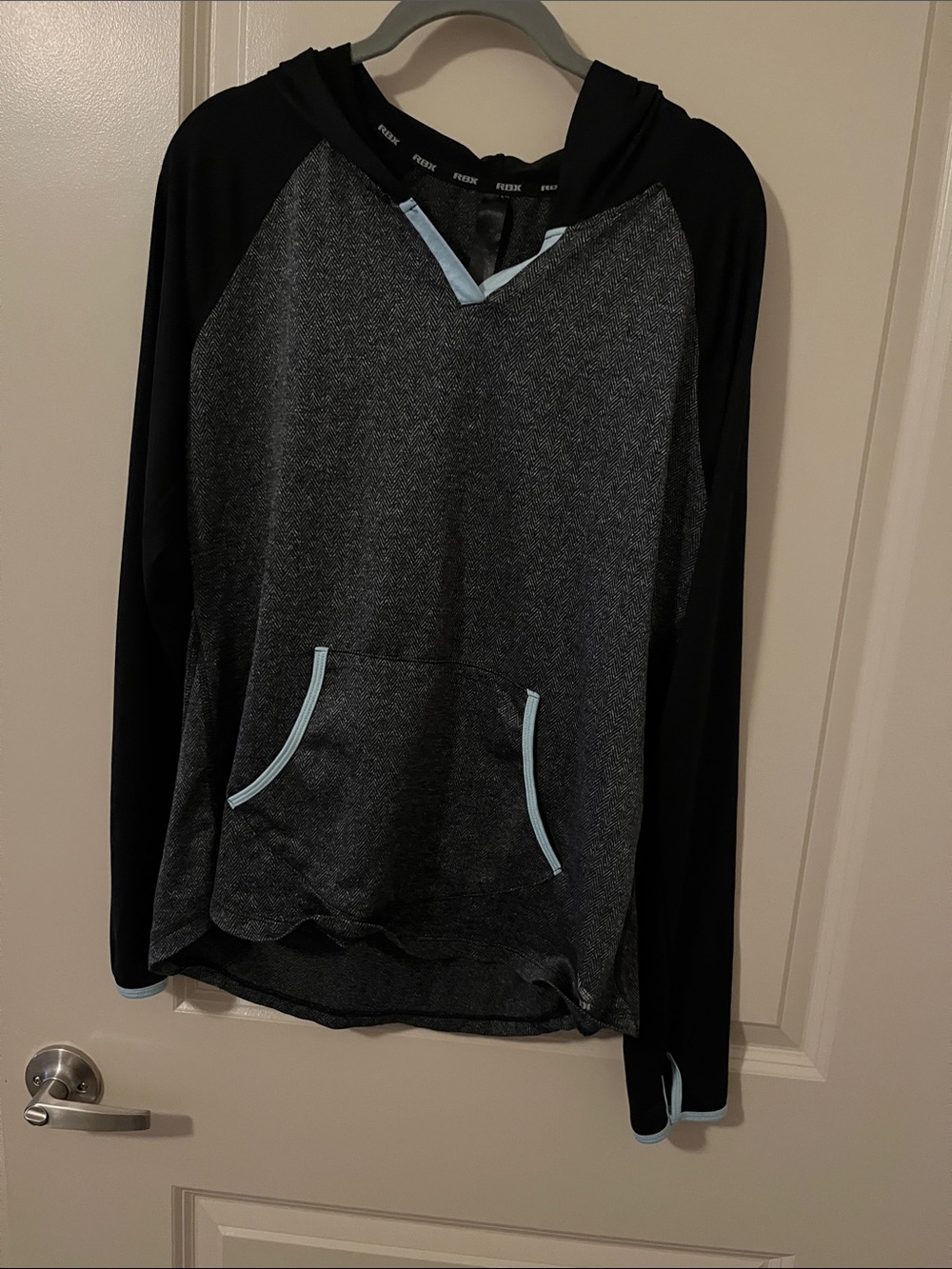 Women’s Lightweight Hooded Pullover Sweater - Charcoal with Light Blue Trim rbk